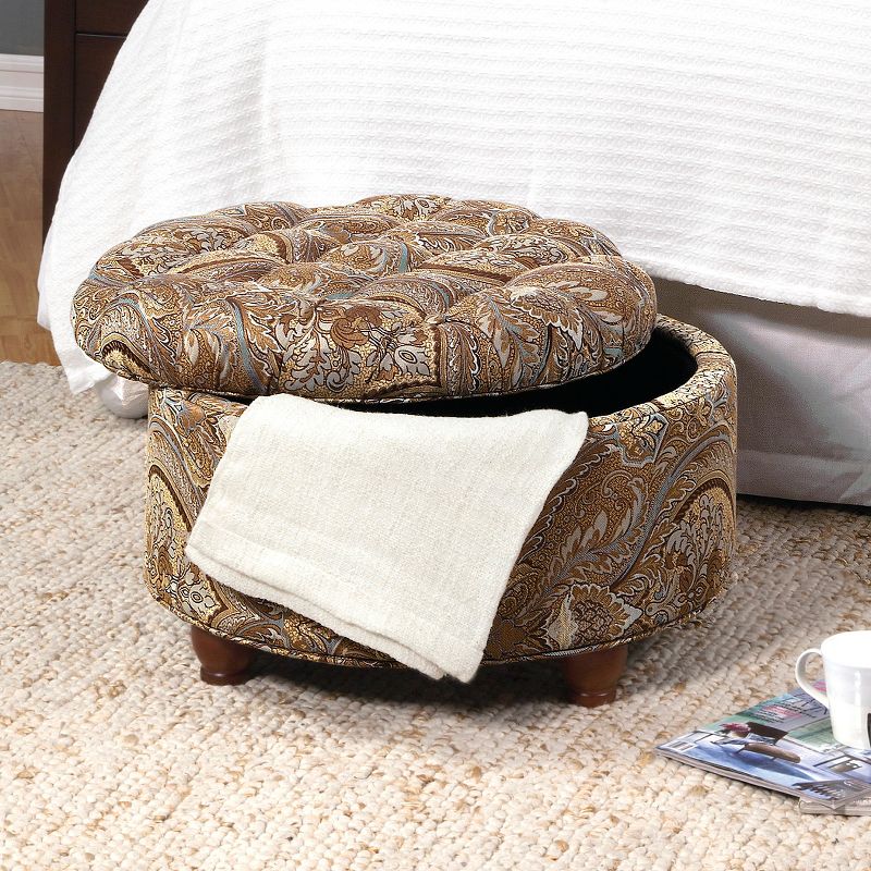 Button Tufted Round Storage Ottoman Brown Paisley - HomePop