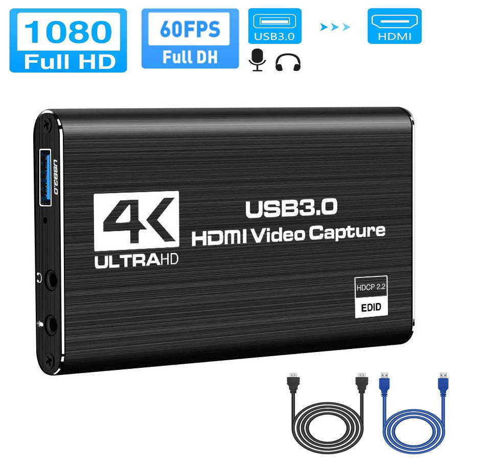 Audio Video Capture Card, HDMI USB3.0 4K 1080P 60fps Reliable Portable Video Converter for Game Streaming Live Broadcasts Video Recording(Black)