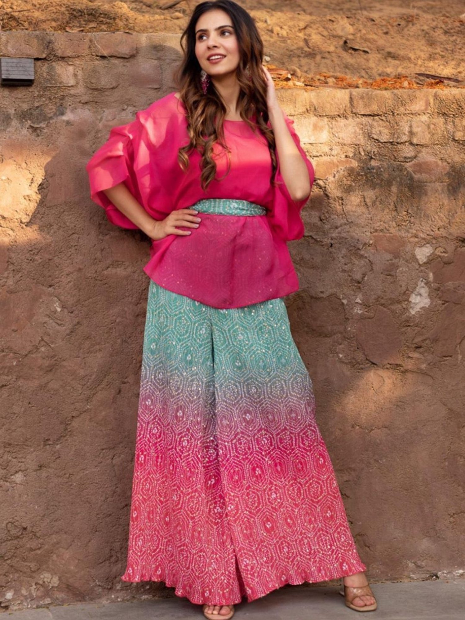 Calmna Pink & Green Crushed Top with Sharara
