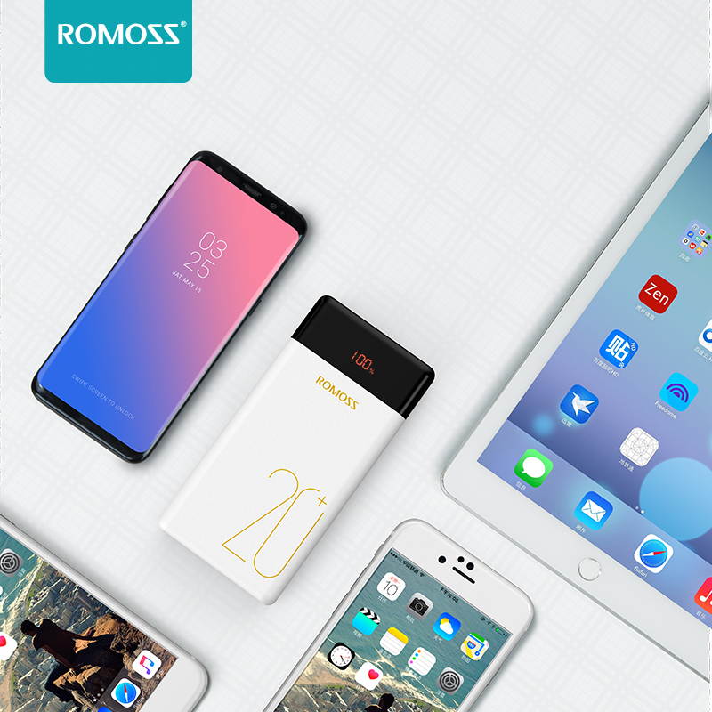 ROMOSS 20000mAh Power Bank with LED Display, USB C Portable Charger with 2 Outputs & 3 Inputs External Battery Pack Cell Phone Charger Battery Compatible with iPhone 11, Xs Max, iPad Pro, Samsung S20