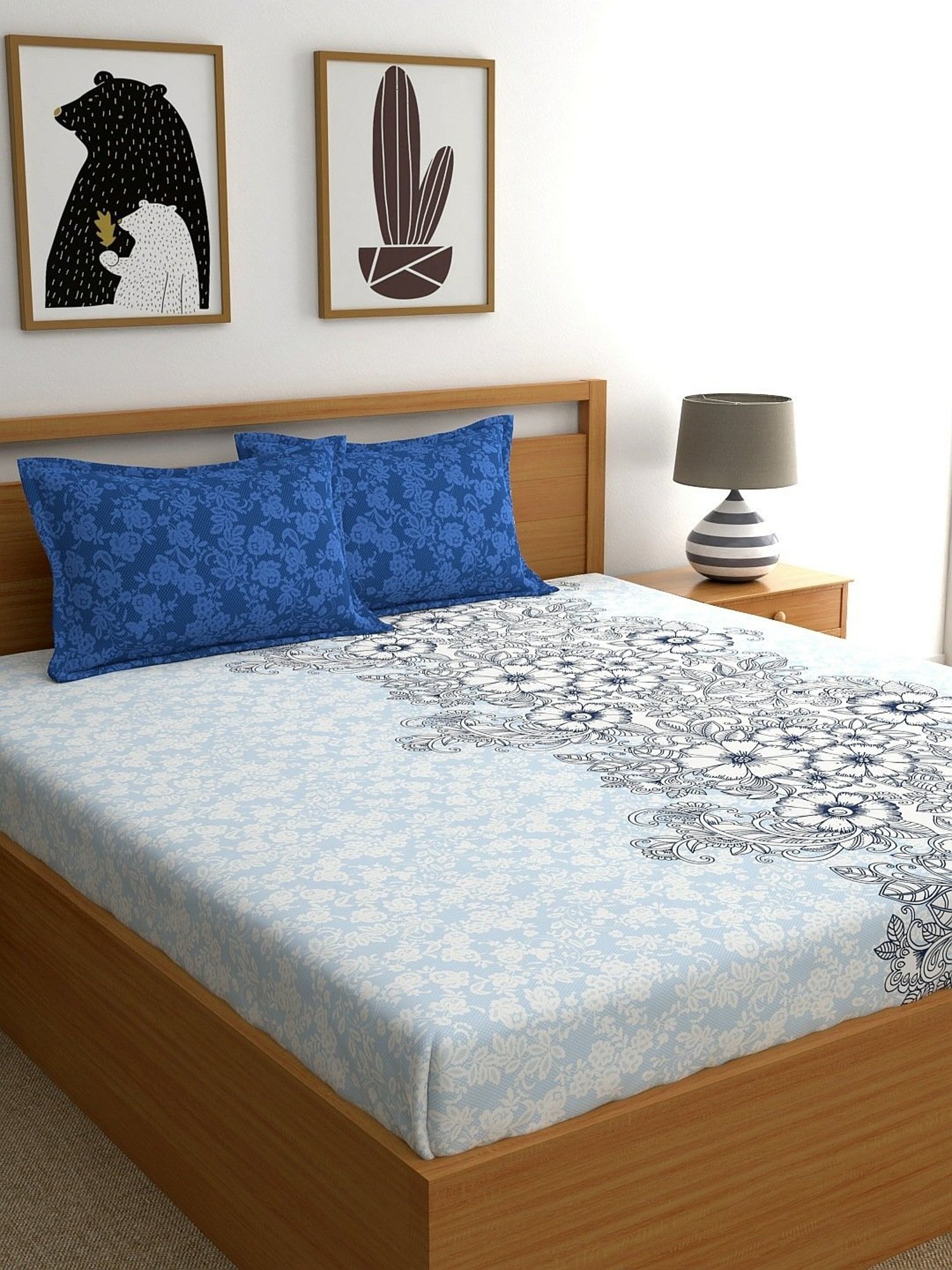 My Room Floral Blue 140 TC Cotton King Bed Sheet with 2 Pillow Covers
