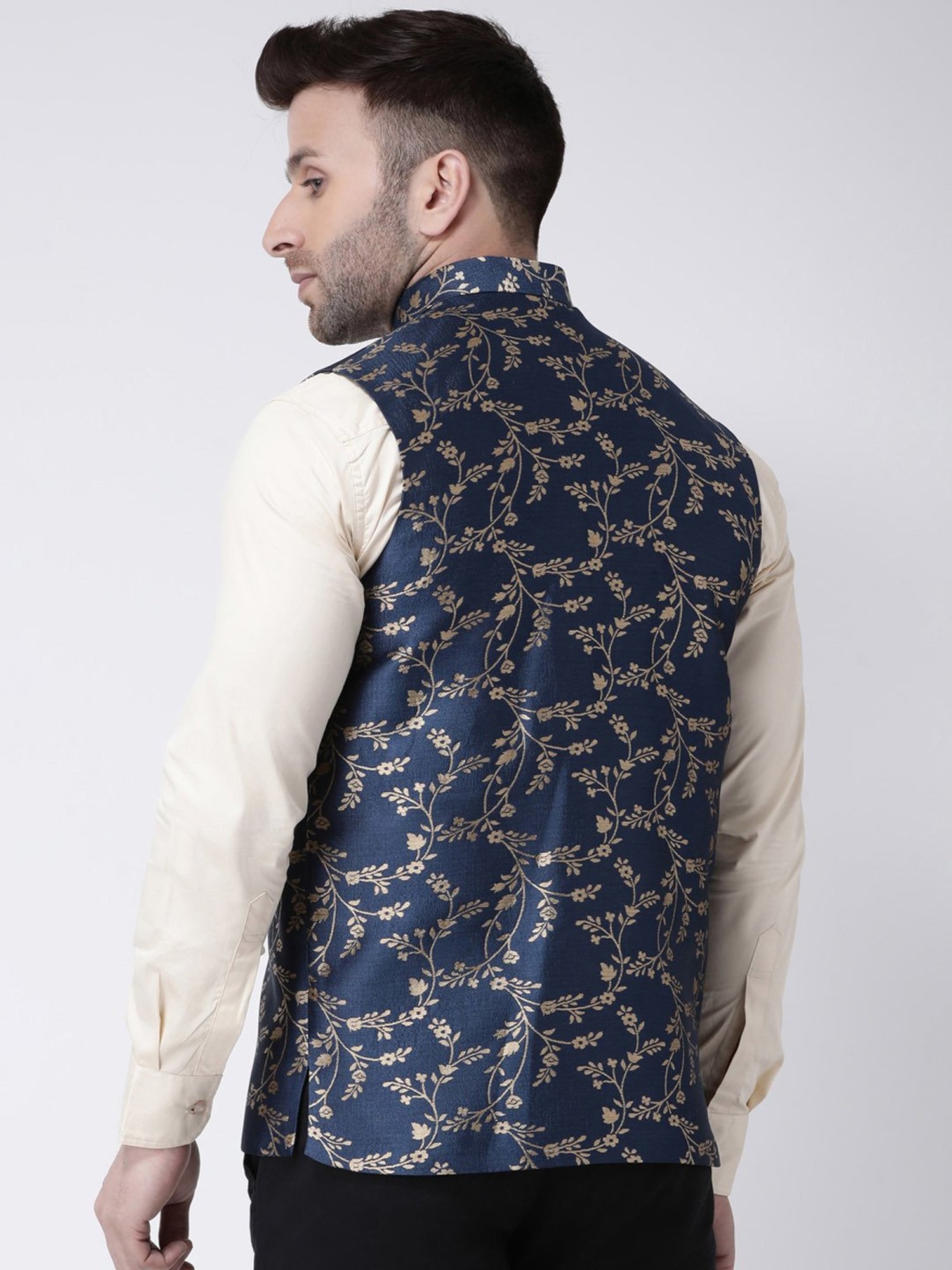 Hangup Plus Navy Regular Fit Jacquard Nehru Jacket