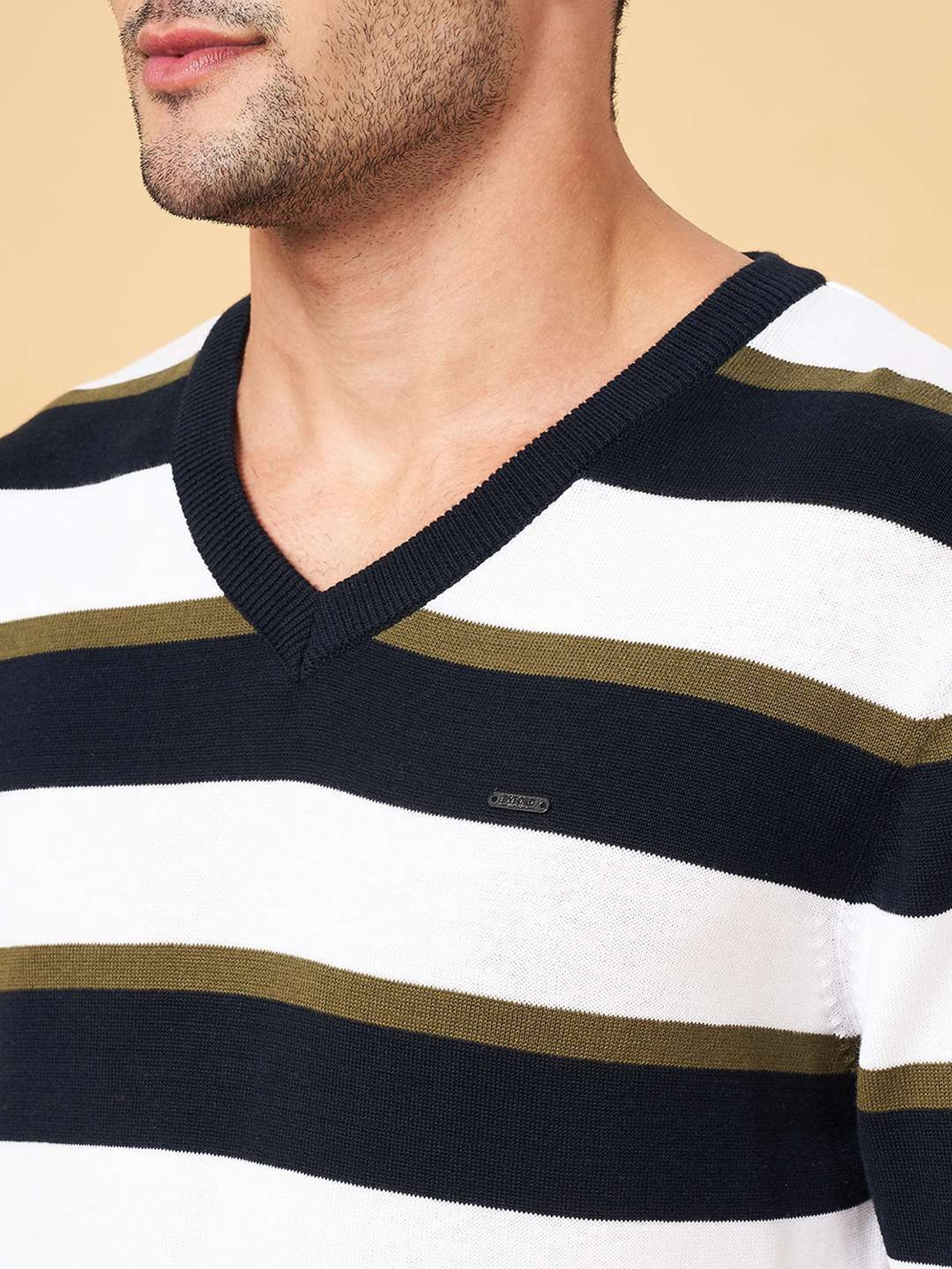 Byford by Pantaloons Multi Cotton Slim Fit Striped Sweater