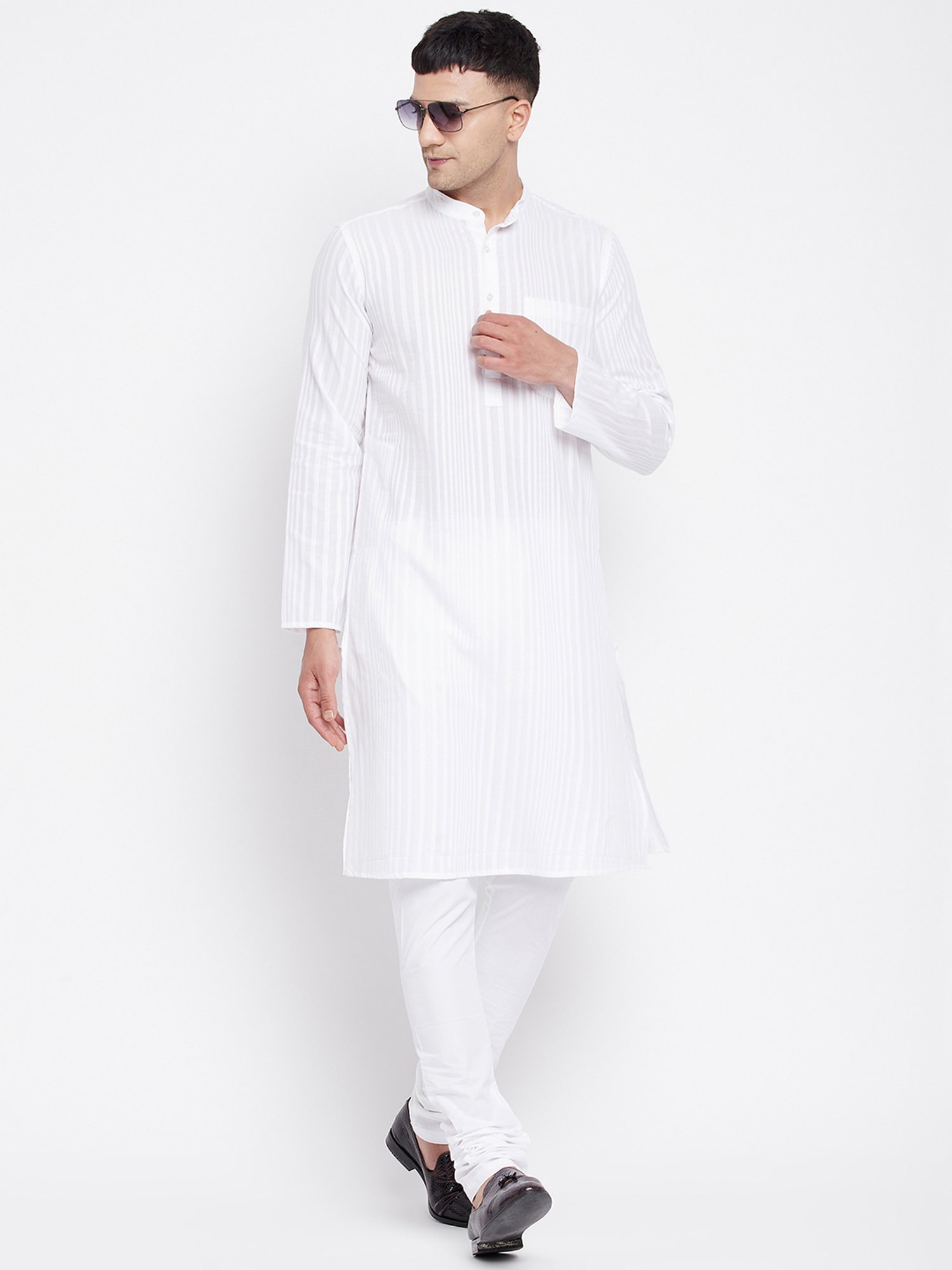 Even White Striped Mandarin Collar Kurta