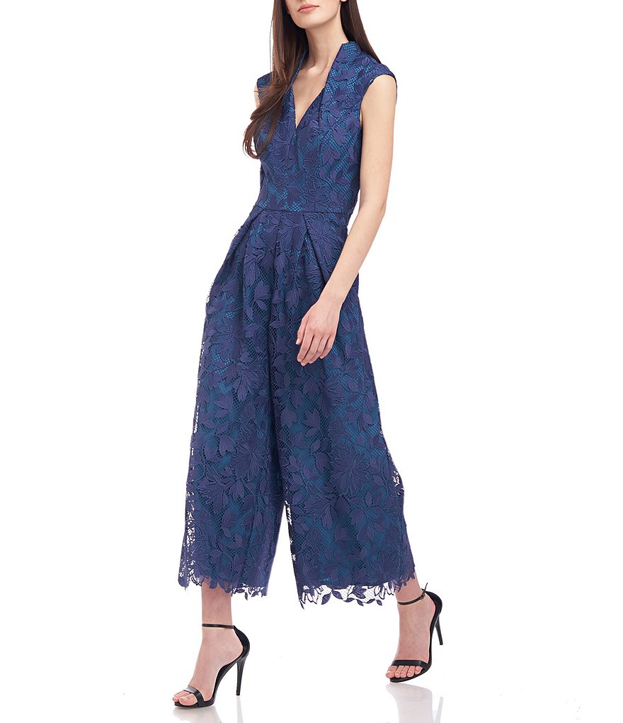 Kay Unger V-Neck Cap Sleeve Pleated Floral Lace Crop Jumpsuit