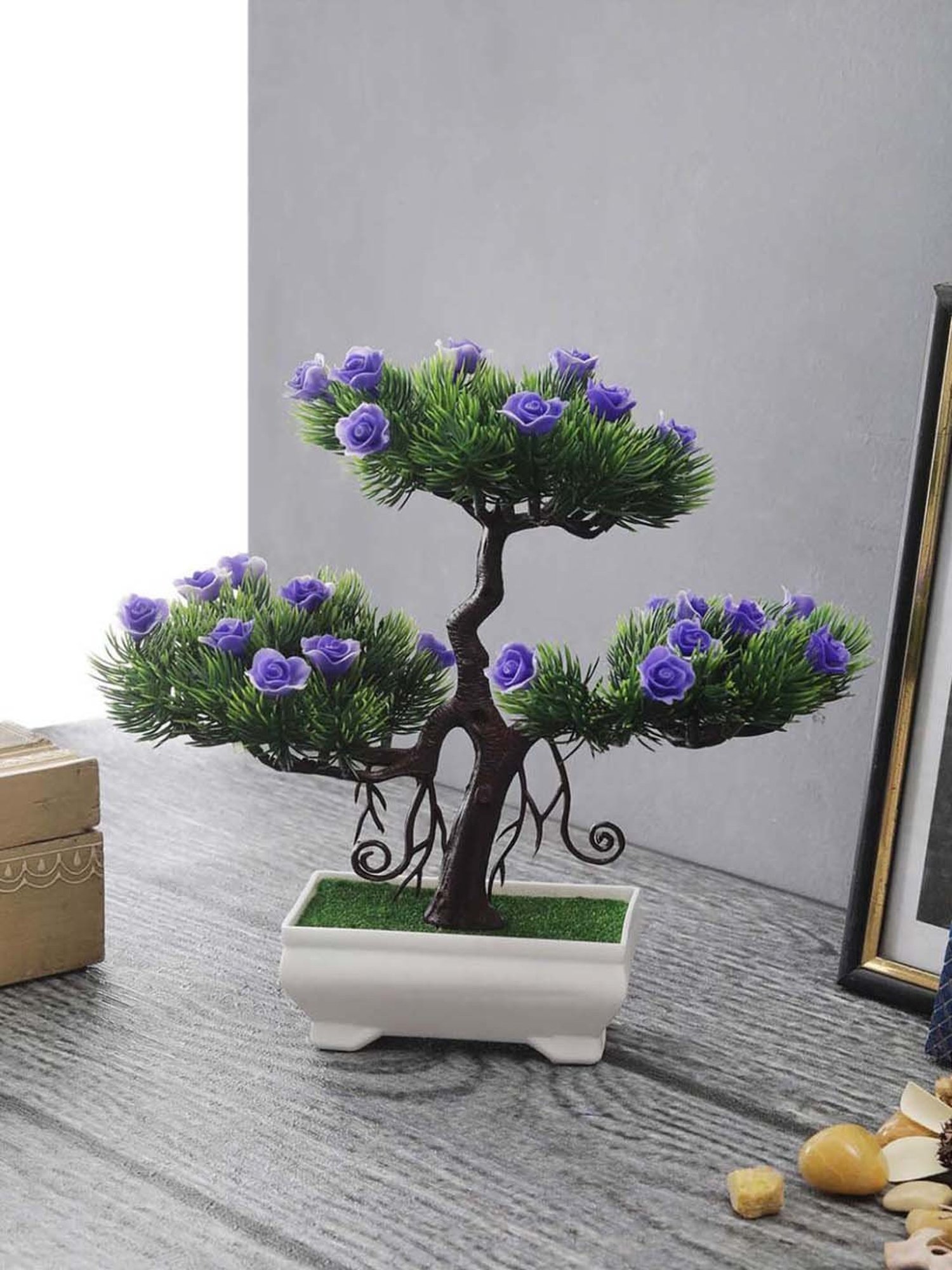 Foliyaj Purple & Green Plastic Artificial New Triple-Headed Bonsai Tree With Small Flowers