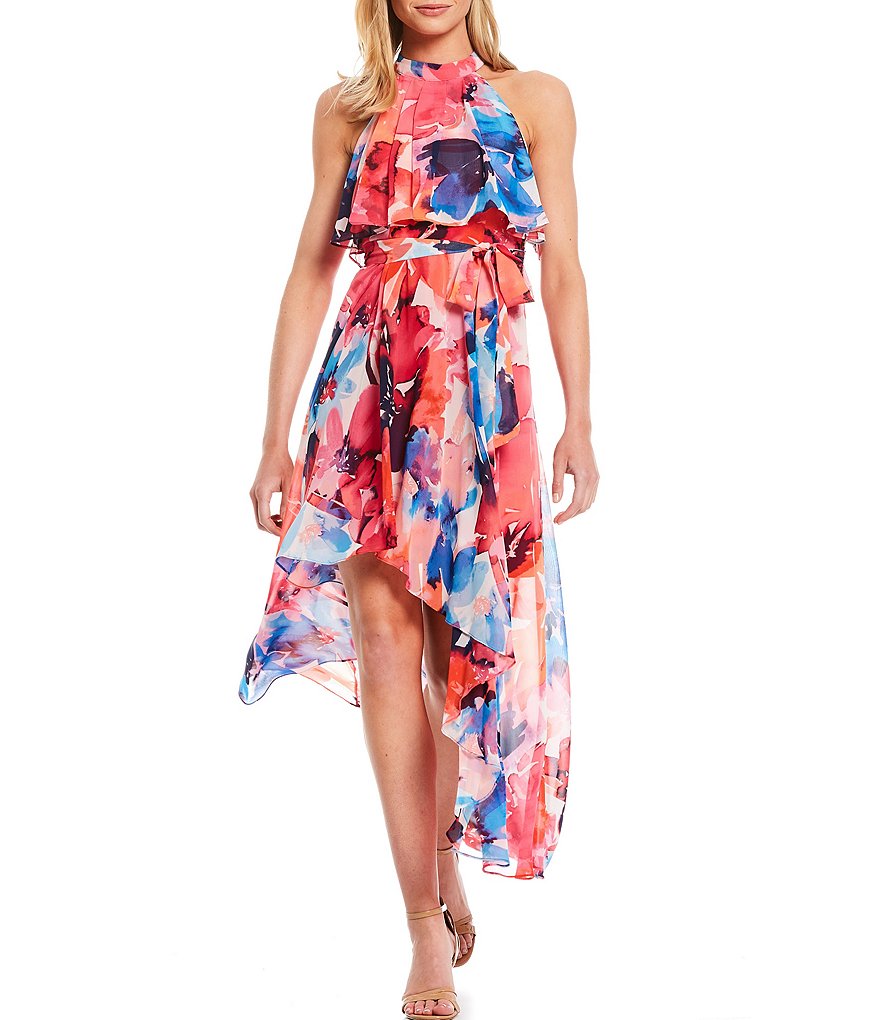Eliza J Halter Neck Sleeveless Floral Chiffon Pop Over Hi-Low Dress