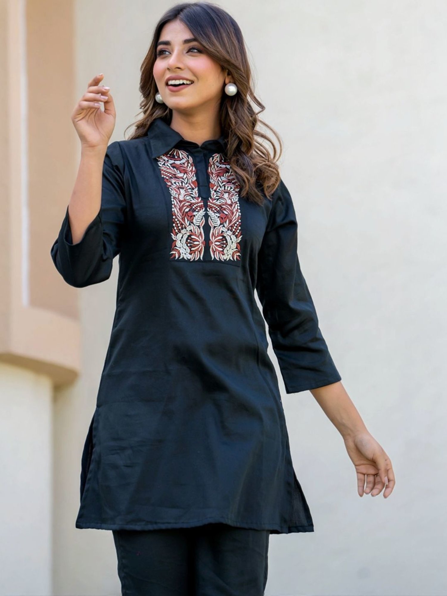 HOUSE OF JAMOTI Black Cotton Embroidered Tunic Pant Set