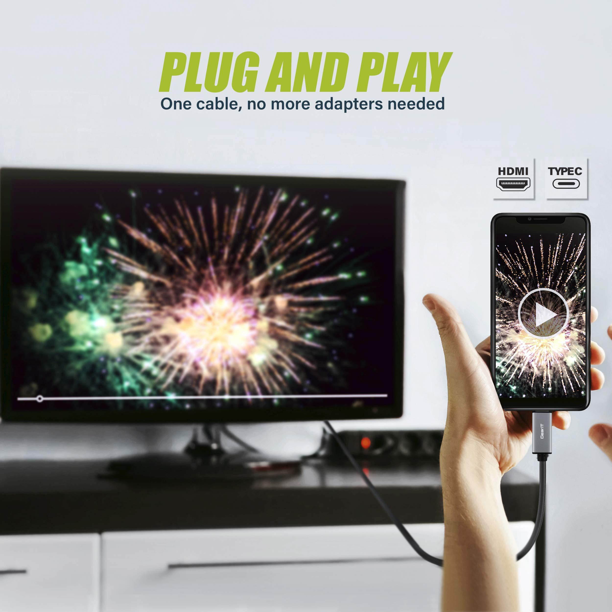 gearit 6ft usbc to hdmi cable thunderbolt 3 port compatible usb type c to hdmi cable 4k@60hz for macbook pro 2018/2017, macbook air, ipad pro 2018, surface book 2, samsung s10 and more, black