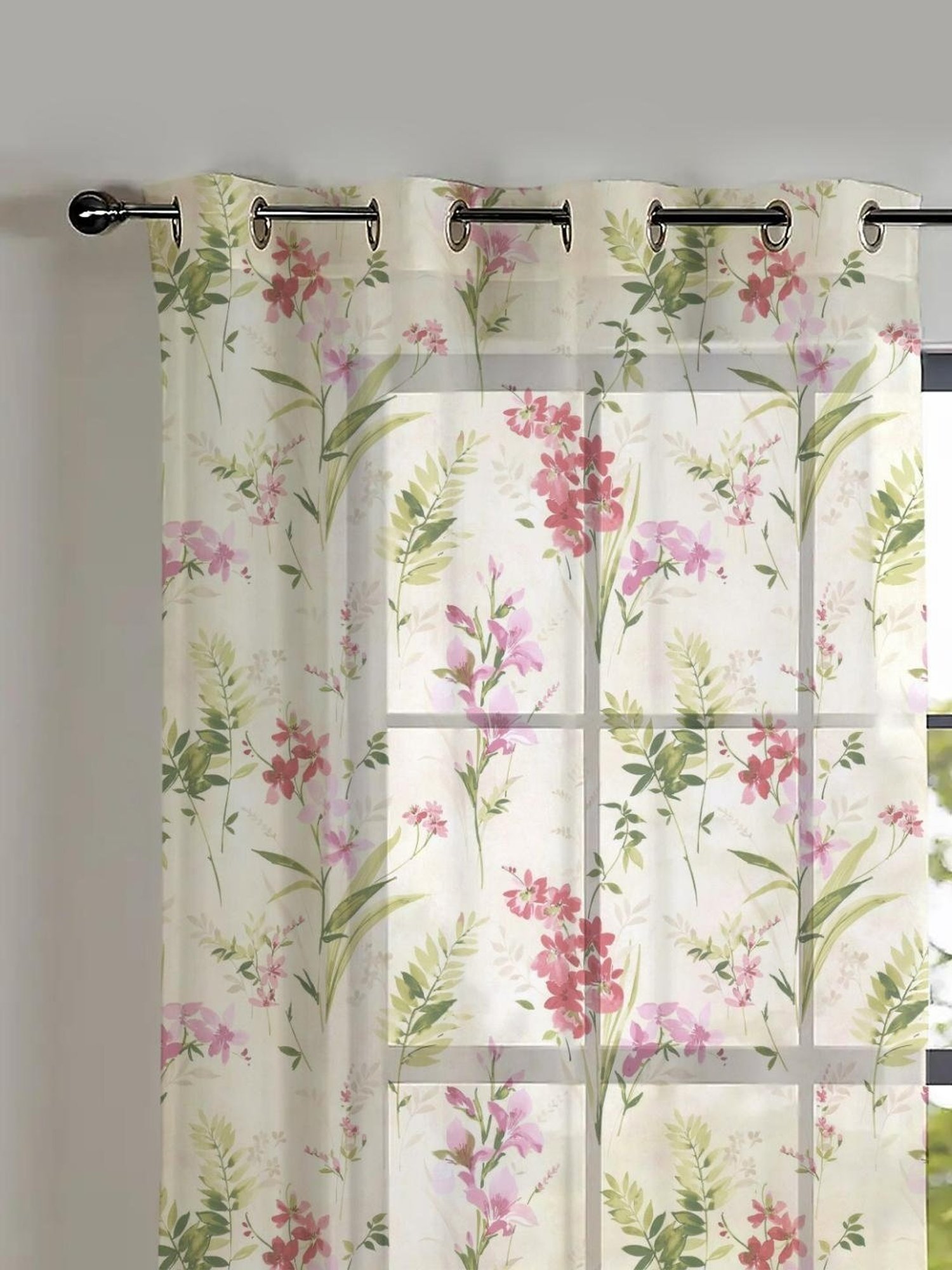 SPACES DRAPE STORY Elegent Floral Pink & White Polyester 5 ft Window Curtains - Set of 2