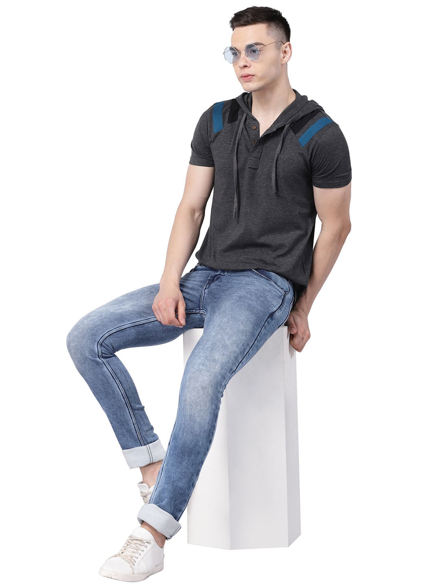 Kalt Dark Grey Melange Regular Fit Striped Hooded T-Shirt