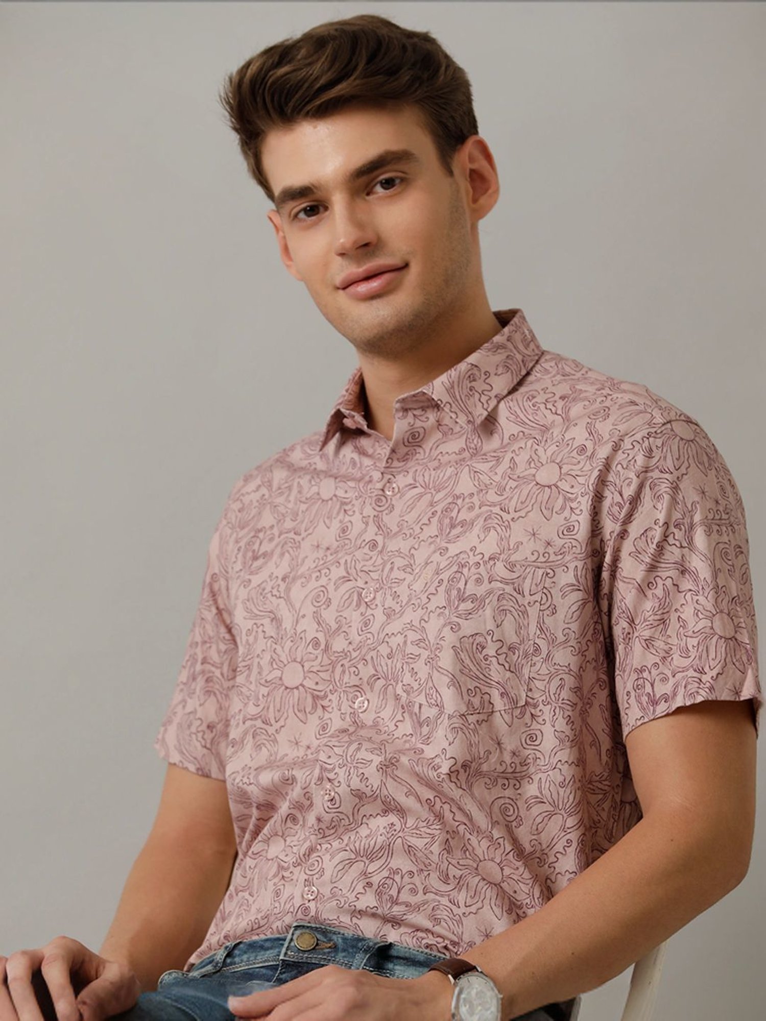 Cavallo By Linen Club Peach Linen Contemporary Fit Printed Shirt