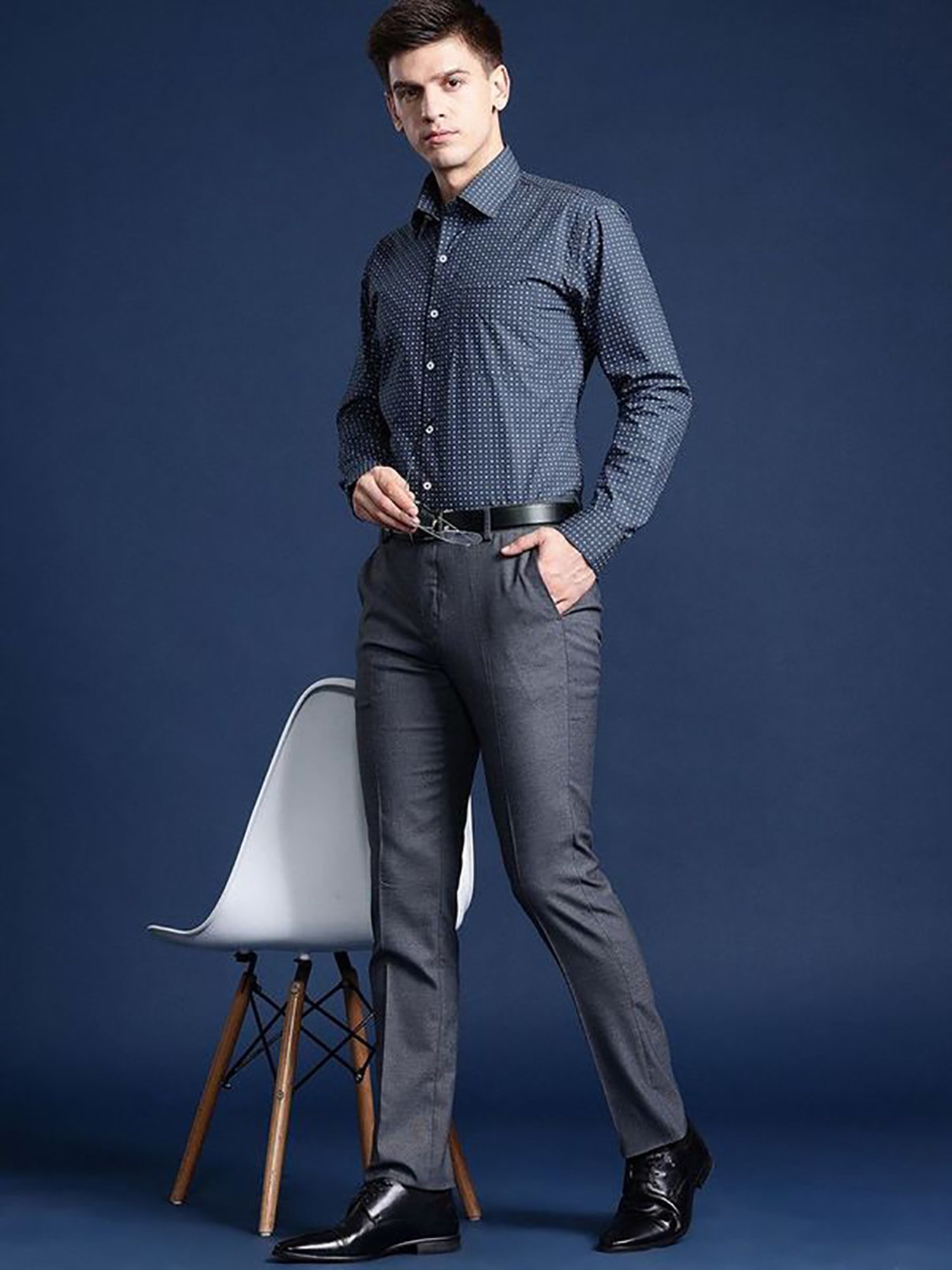 Hancock Grey Cotton Slim Fit Print Shirts