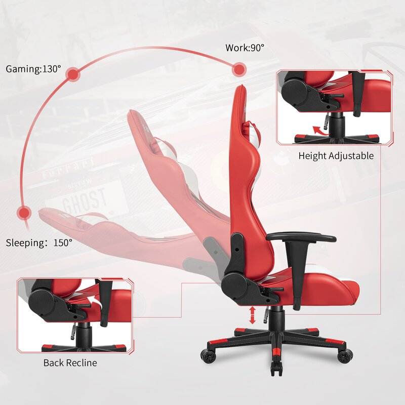 Furmax Gaming Office Chair Ergonomic High-Back Racing Style Adjustable Height Executive Computer Chair, PU Leather Swivel Desk Chair (Black/Grey)