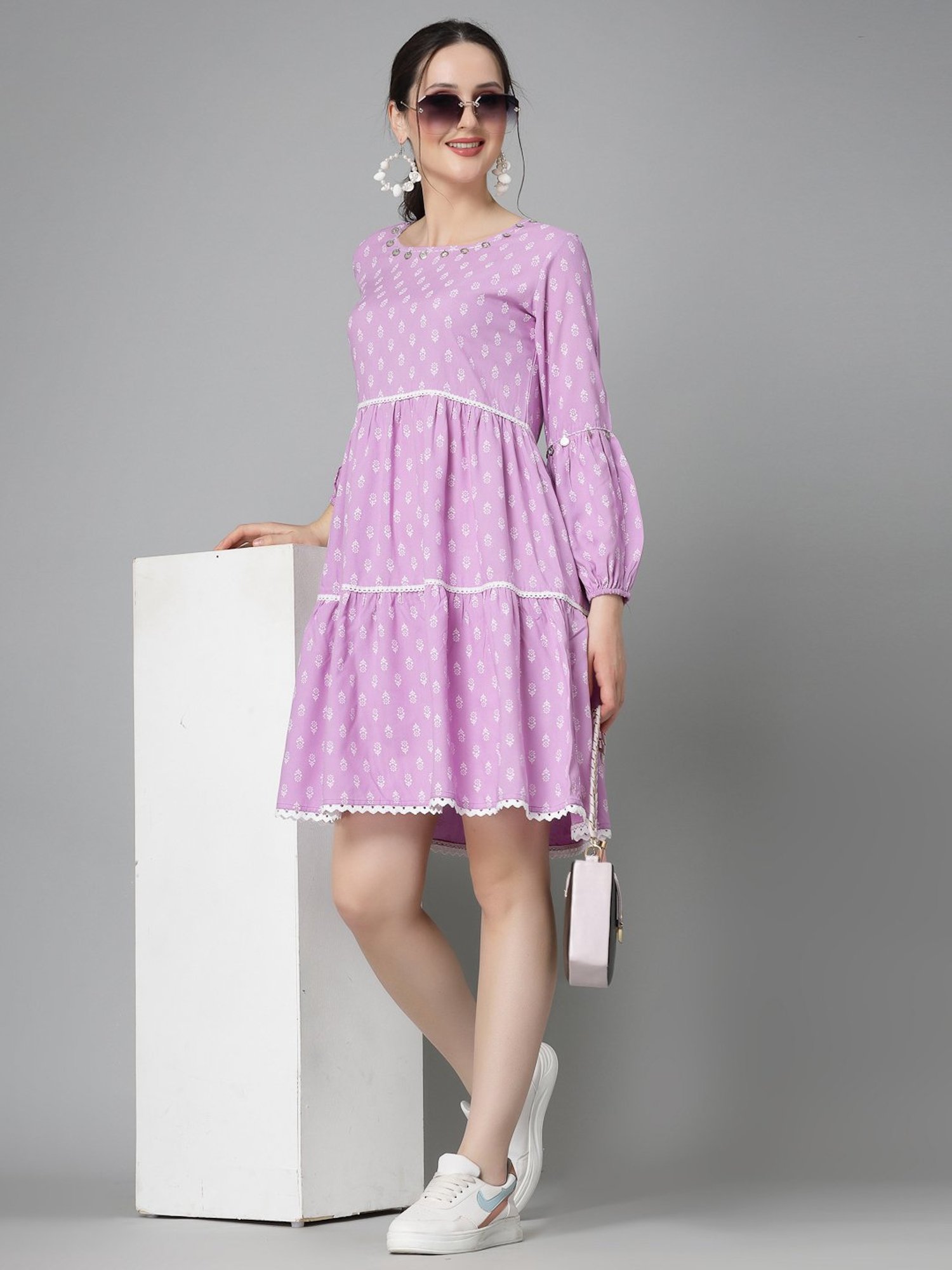 Stylum Lavender Rayon Floral Print Tiered Dress
