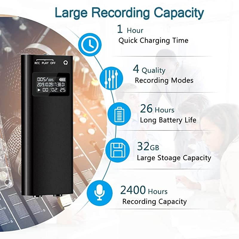Mini Voice Recorder,  32GB Voice Activated Recorder, 2400 Hours Recordings Capacity, 26 Hours Battery Life, Audio Sound Recording Device for Lectures, Meetings - Strong Magnet, Back Clip