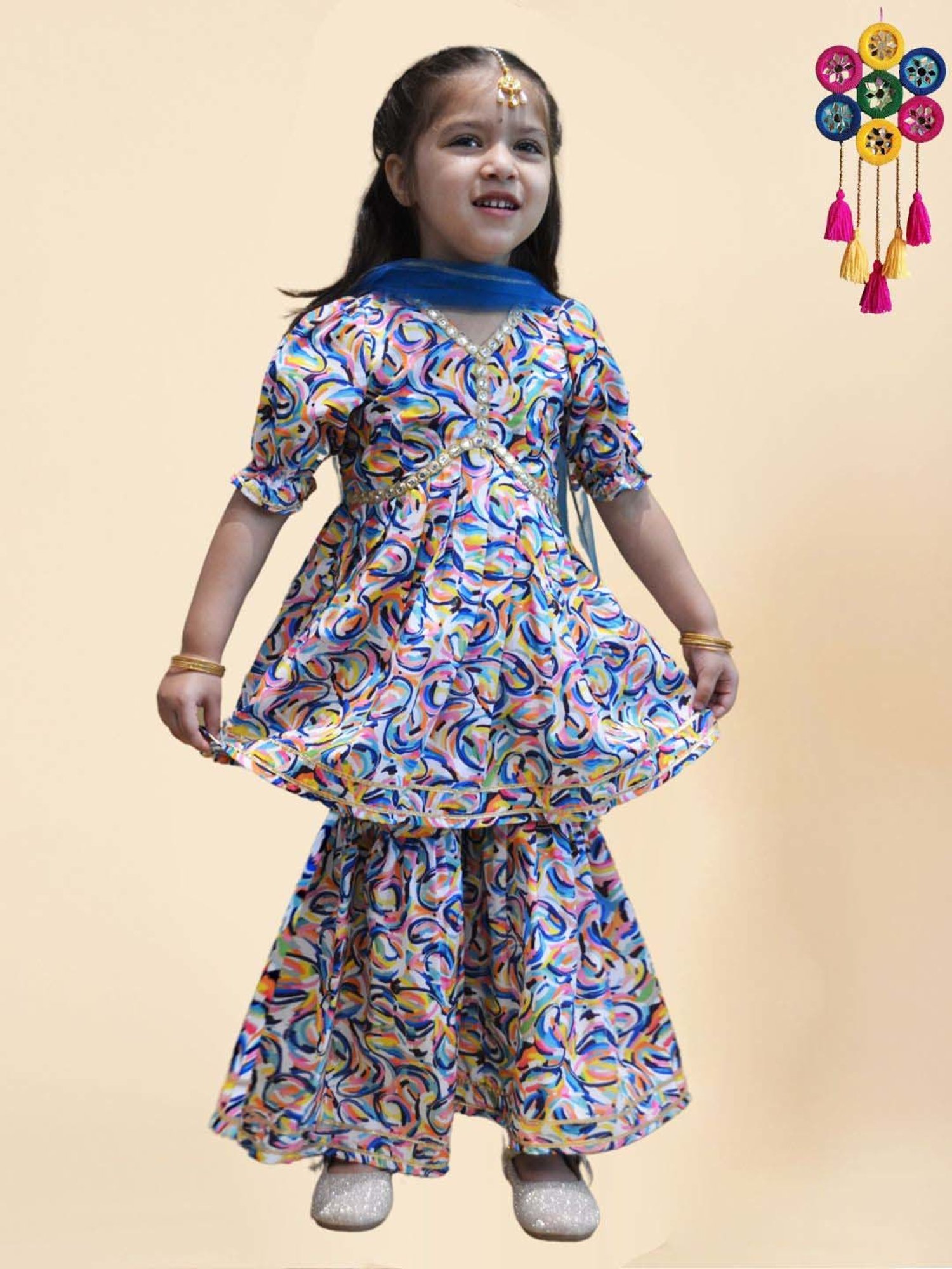 A.T.U.N. Girls Turquoise Printed Kurta Set