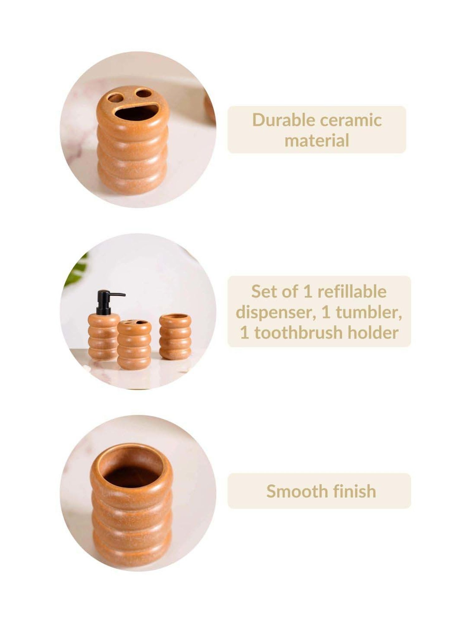 Nestasia Brown Color Abstract Stacked Tier-Like Ceramic Bathroom Accessories Set of 3