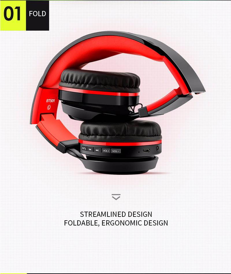 DPRUI Newest Headphones Bluetooth Headset Foldable Sports Headphone Adjustable Earphones with Microphone For PC mobile phone Mp3 (black red)