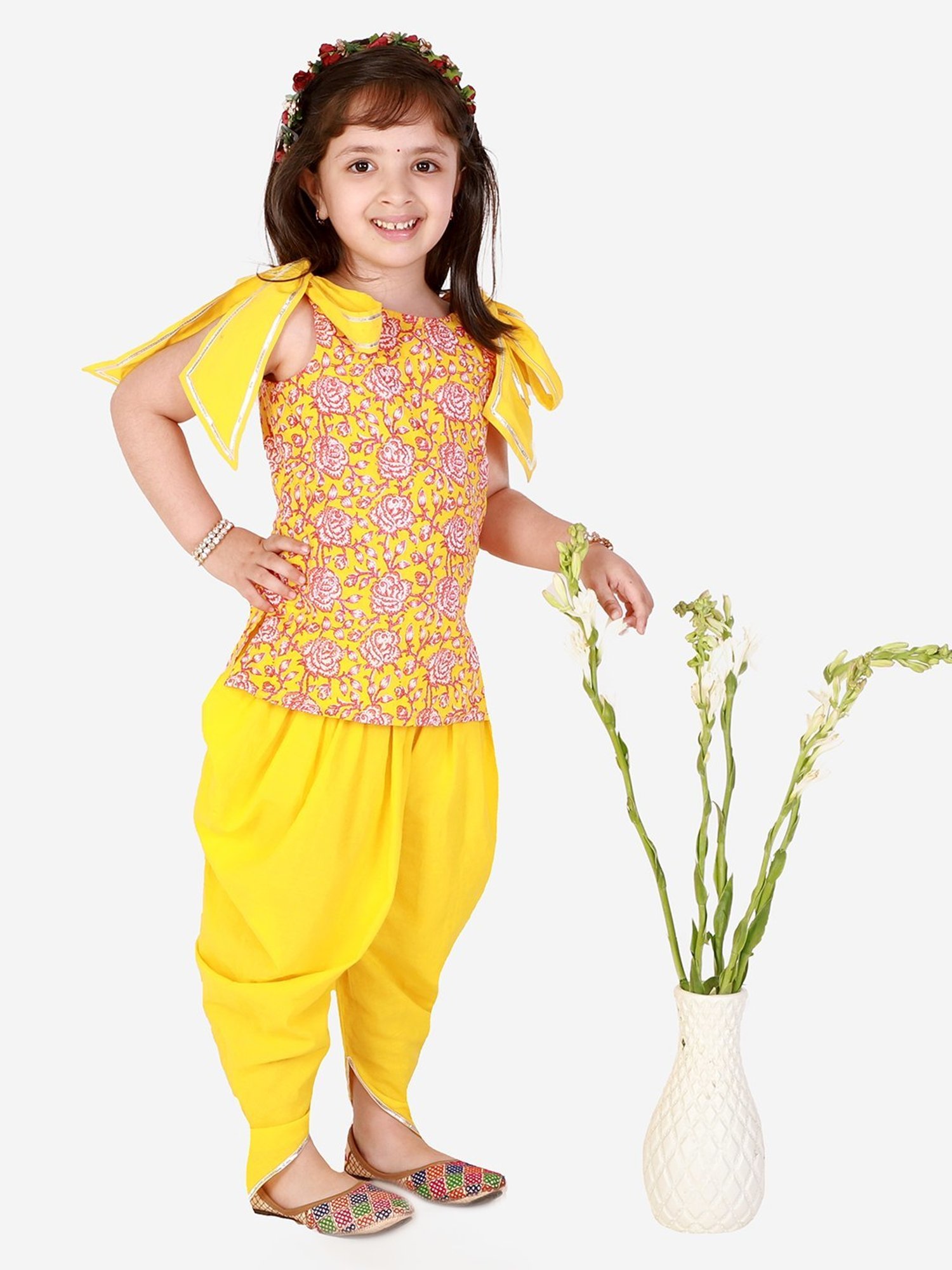 Lil Drama Kids Yellow & Pink Cotton Floral Print Kurta Set