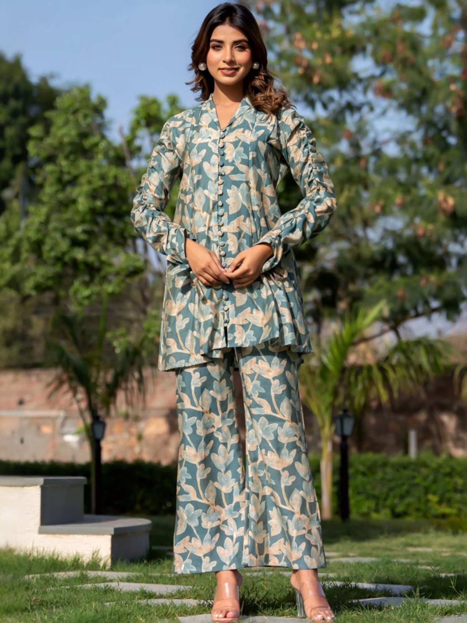 HOUSE OF JAMOTI Green Cotton Printed Tunic Palazzo Set