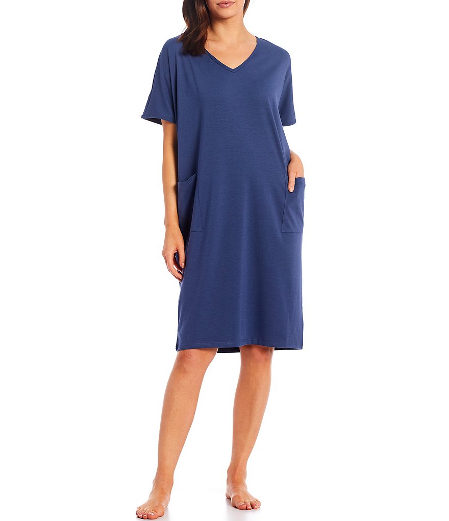 Kate Landry Solid Knit V-Neck Short Sleeve Midi Lounge Dress