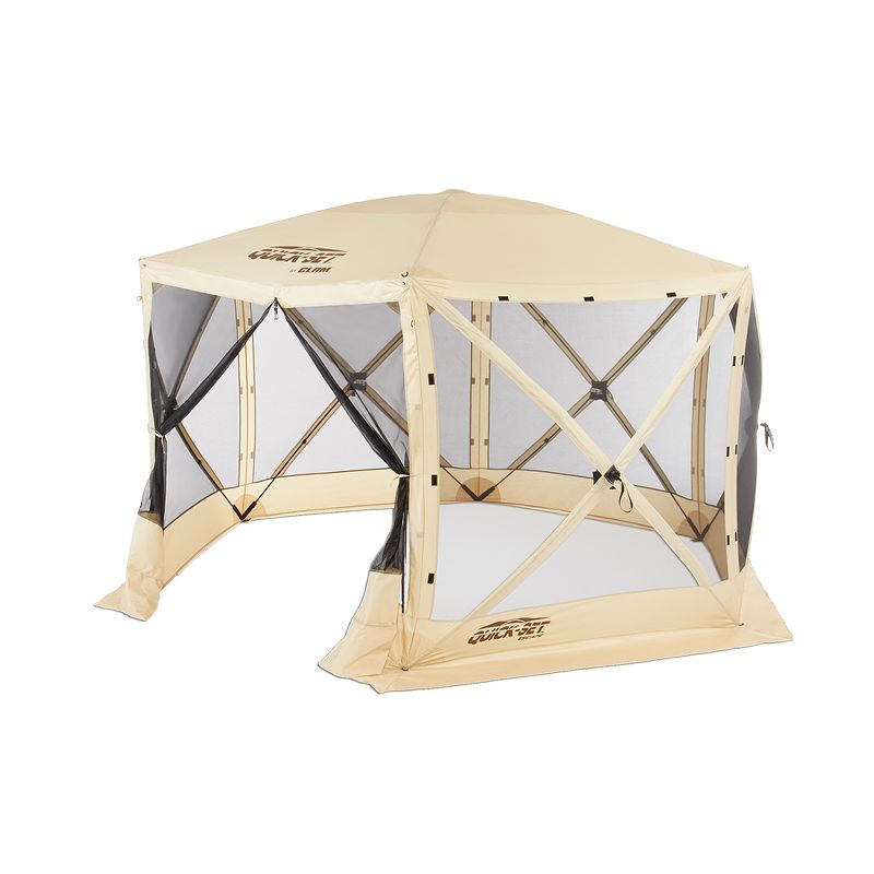 CLAM Quick-Set Escape 12 x 12 Foot Portable Pop-Up Outdoor Camping Gazebo Screen Tent 6 Sided Canopy Shelter with Ground Stakes & Carry Bag, Tan
