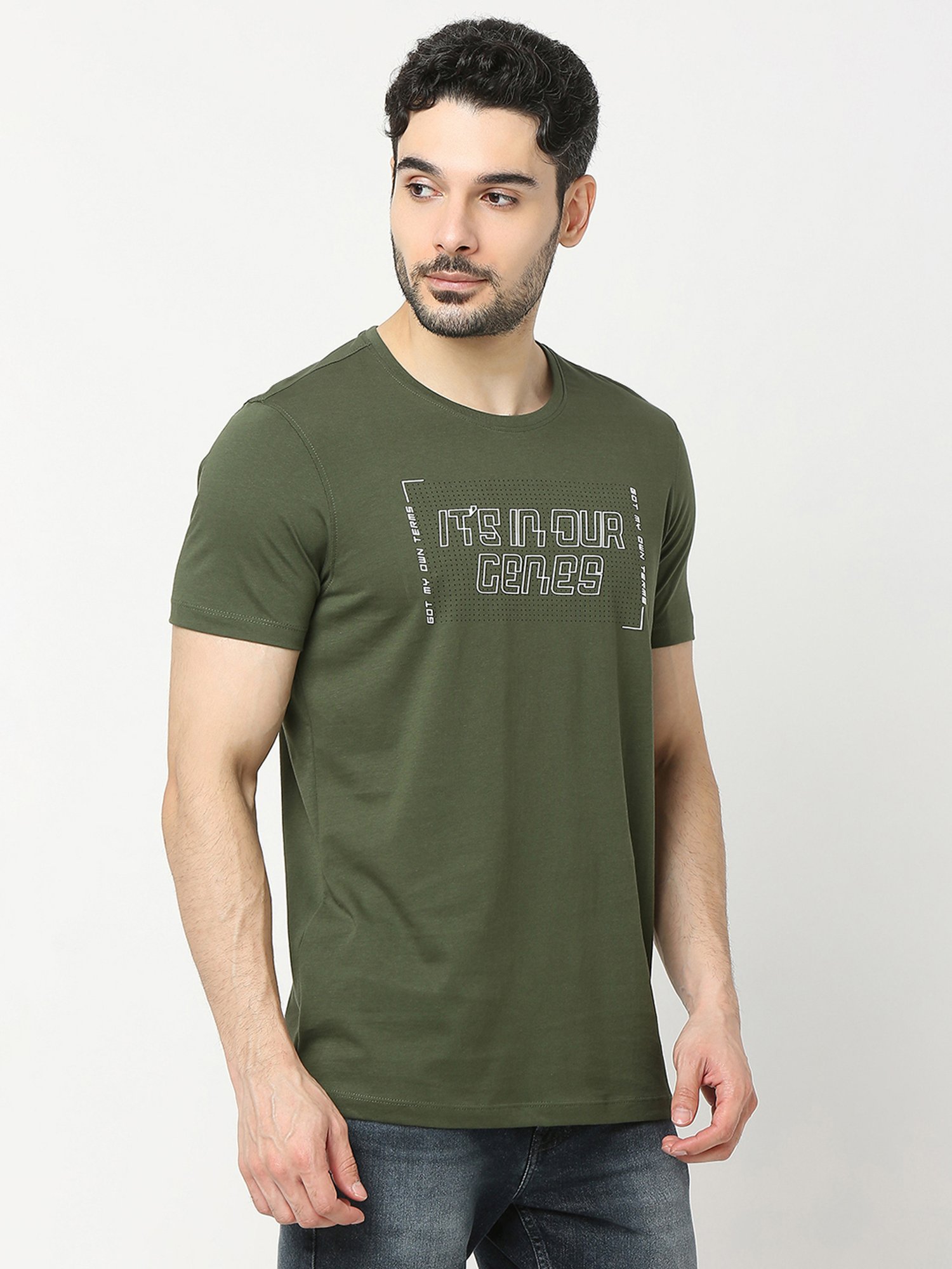 UnderJeans by Spykar Olive Regular Fit Self Design Cotton Crew T-Shirt