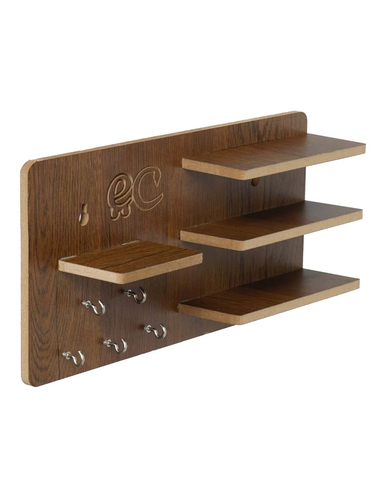 eCraftIndia Brown Wooden 5-in-1 Hook Keyholder With Shelf