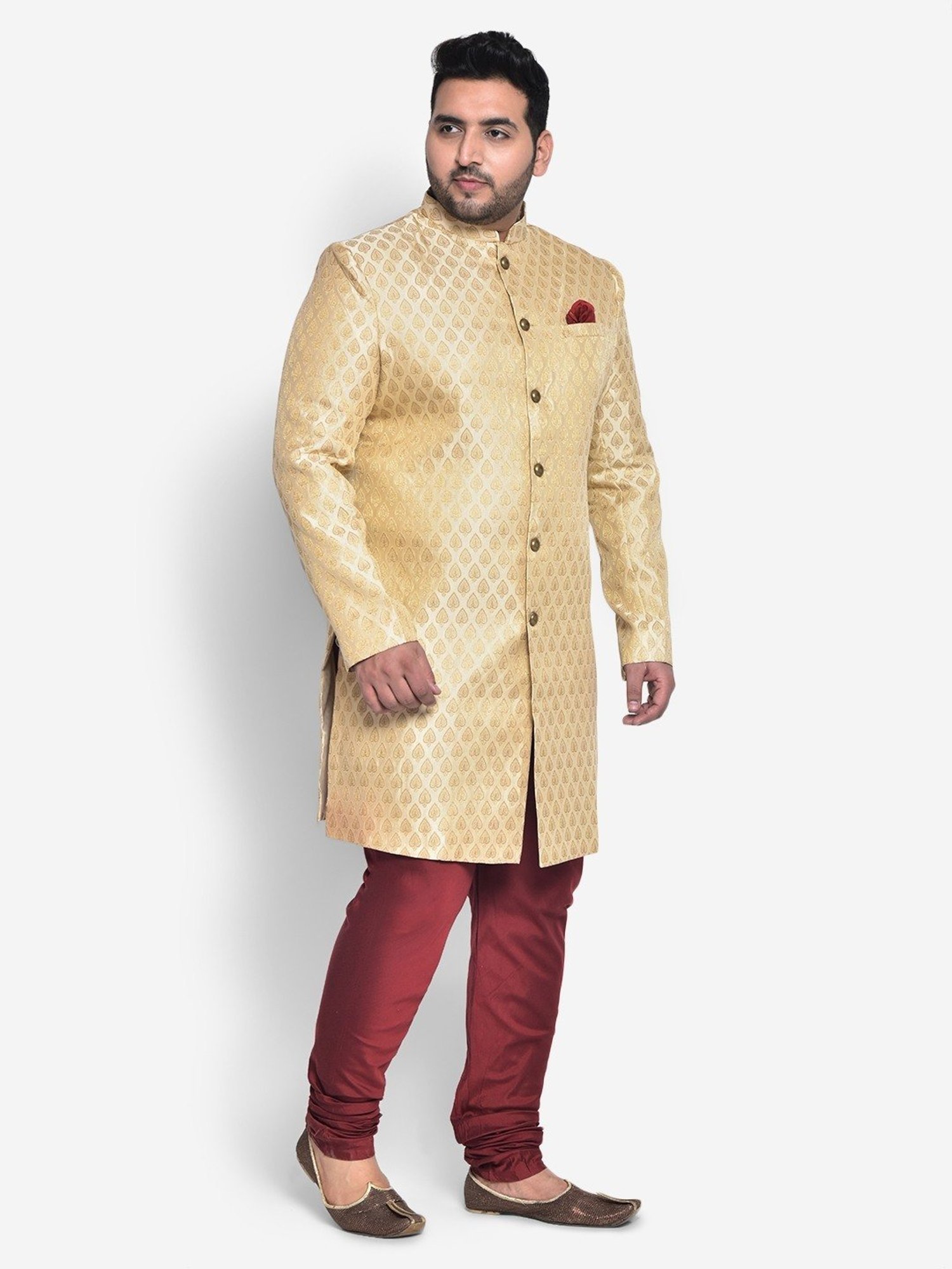 KISAH PLUS Beige Regular Fit Jacquard Sherwani Set