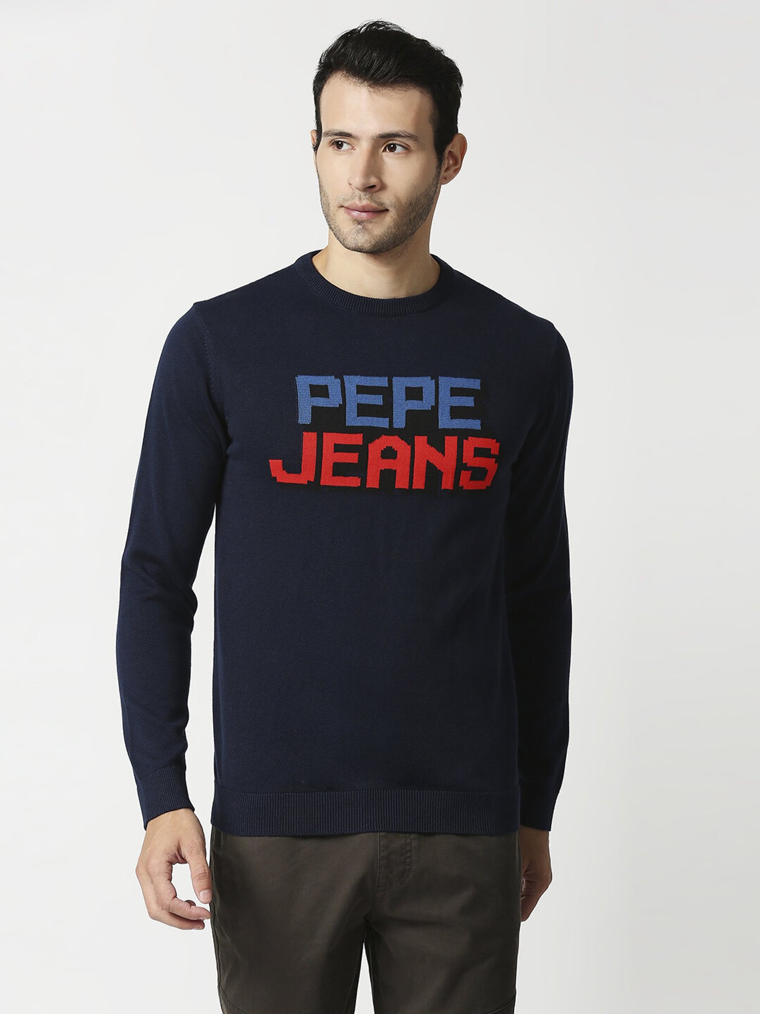 Pepe Jeans Blue Cotton Regular Fit Self Pattern Sweaters