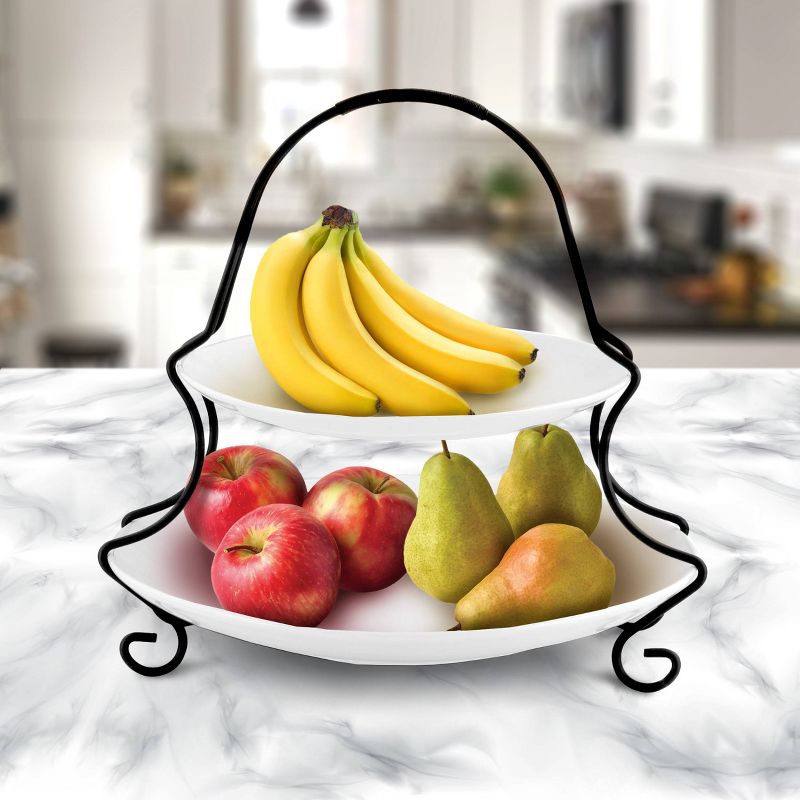 Gibson Elite Porcelain Gracious 2-Tiered Serving Set with Metal rack White