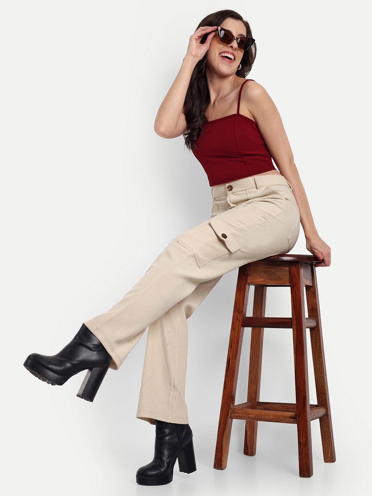 Broadstar Women Beige Straight Fit High-Rise Stretchable Corduroy Cargo Pants