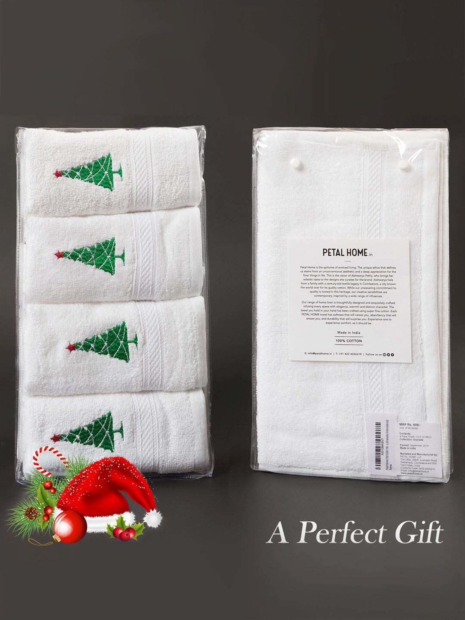 Petal Home Christmas Tree Ultralux White & Green Cotton 550 GSM Face Towel - Set of 4