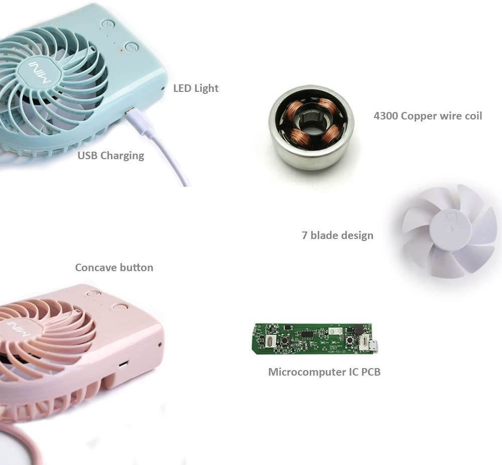 BXT LED Lighted Handheld Fan USB & Li-ion Battery Powered Mini Fan w/Cord,3 Speed Adjustable Rechargeable Summer Cooling Fan for Home,Dorm,Office,Camping,Hiking,Fishing,Walking,Picnic,BBQ,Shopping