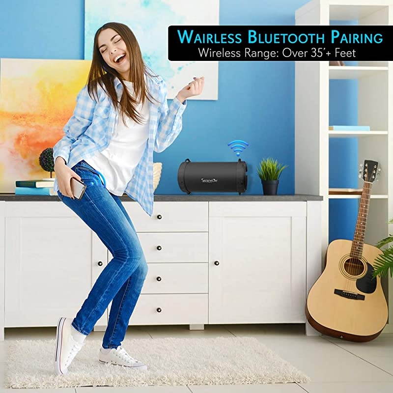 Outdoor Portable Wireless Bluetooth Boombox and Radio Stereo System with Rechargeable Battery 2 Speaker Drivers 4 Subwoofer 35mm Aux MP3 USB Micro SD Slot FM Radio SLBSP11