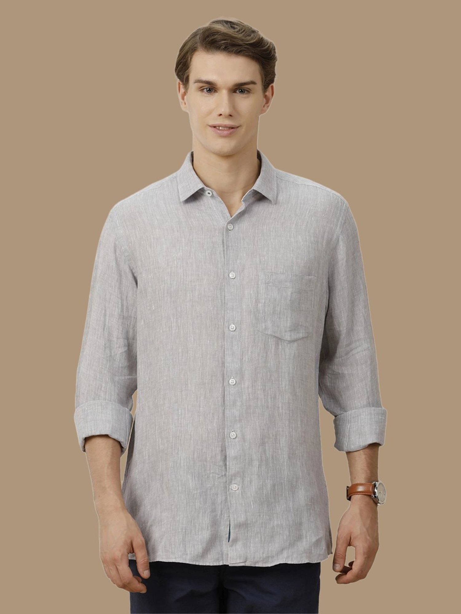 Linen Club Grey Linen Contemporary Fit Texture Shirt