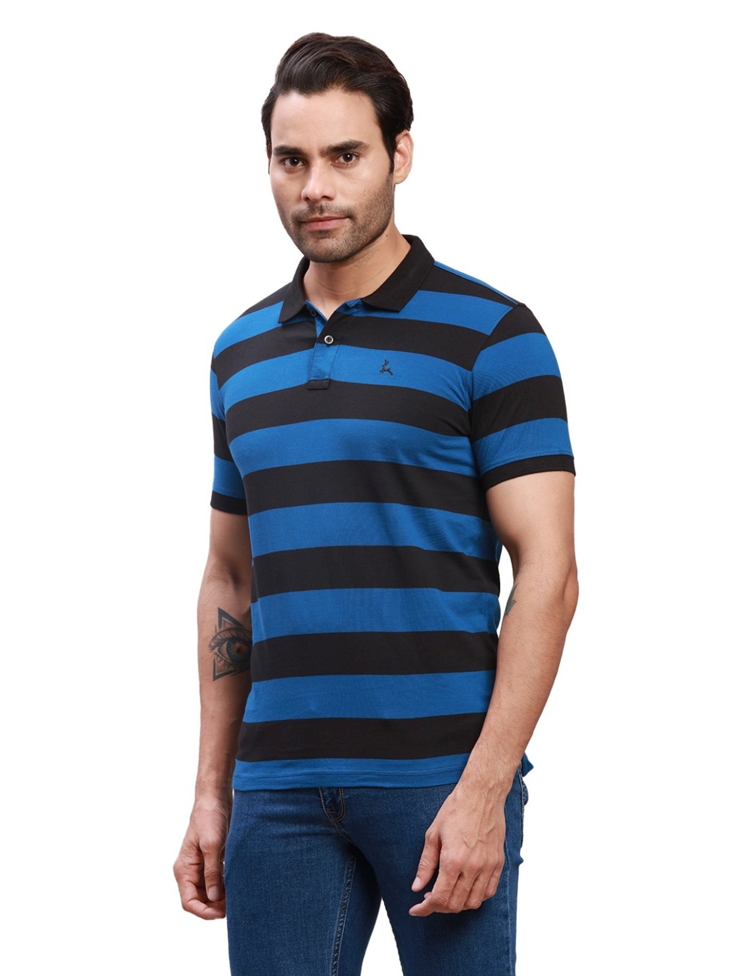 Parx Blue Cotton Regular Fit Colour Block Polo T-Shirt