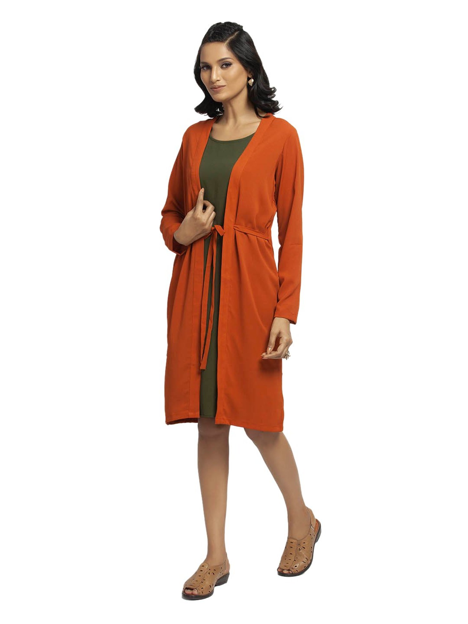Office & You Orange Full Sleeves Jacket With Tie Knot