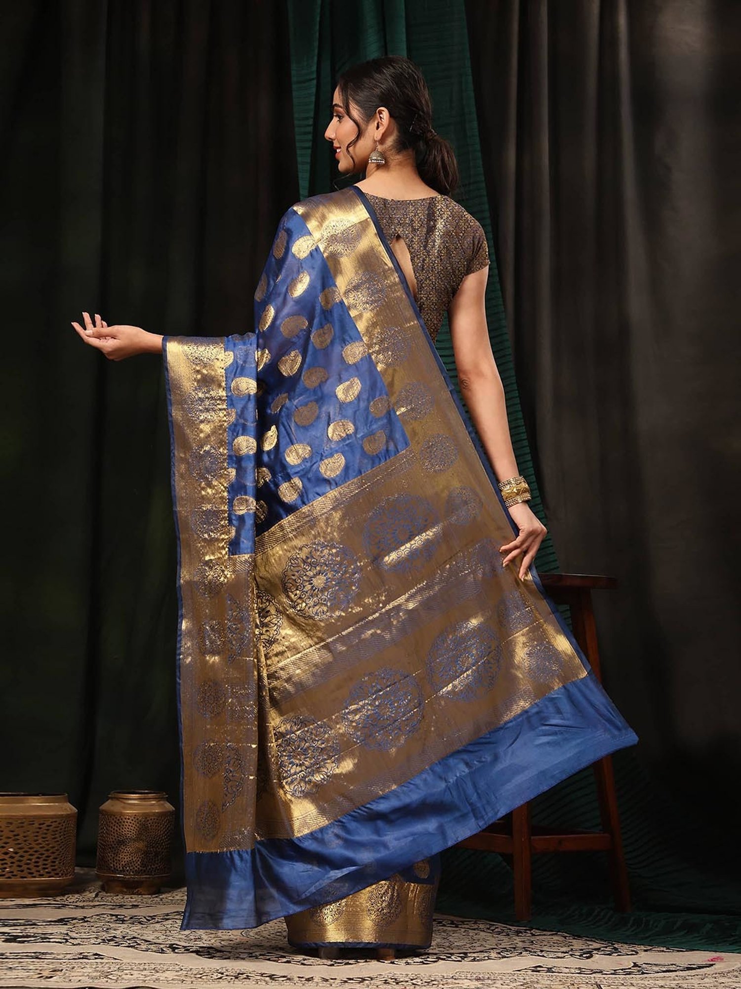Silk Land Banarasi Silk Blue Woven Saree With Blouse