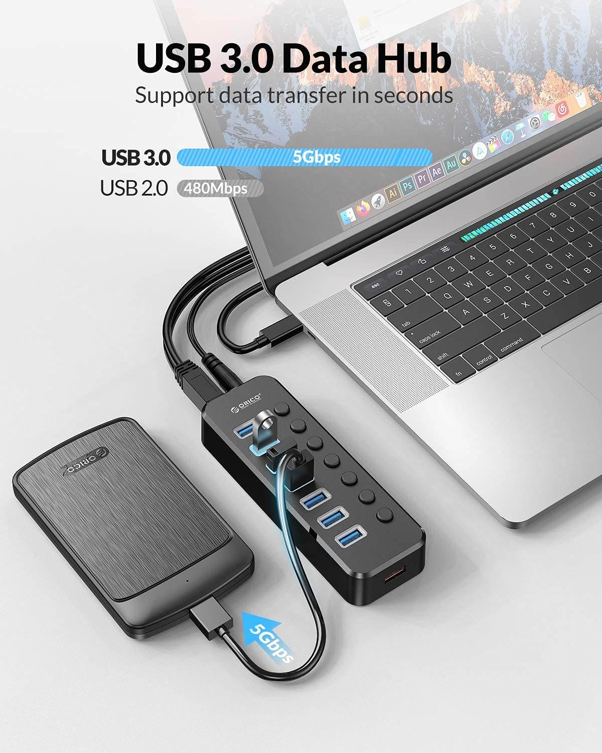 USB 3.0 Hub, Portable SuperSpeed 4 Port USB 3.0 Hub with Built-in Cable , USB Extension Multi-function USB Dock Hot Swapping Support for  Mac, PC, USB Flash Drives and Other Devices