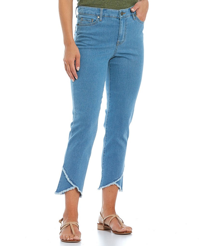 Code Bleu Petite Size Classic Straight Crop Frayed Tulip Front Hem Jeans
