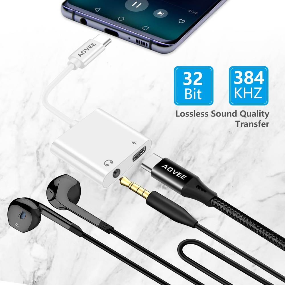 AGVEE 2-in-1 USB-C to 3.5mm Jack Microphone Headphone Adapter, Type-C Mic AUX Earbud Splitter, USBC Audio Earphone Converter, PD Charging Dongle for Samsung S21 S20 Note 20/10, iPad Pro, Pixel, White