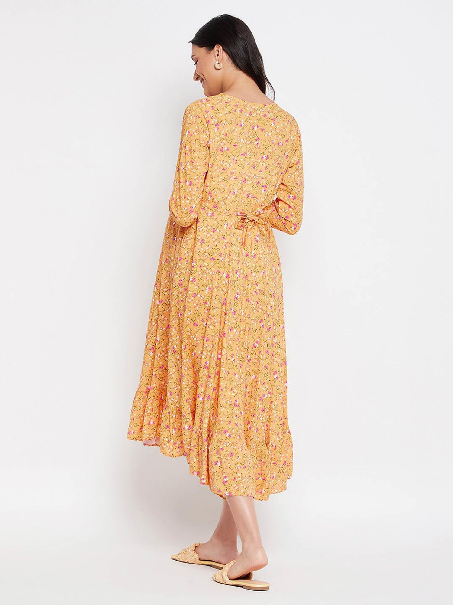 Hypernation Yellow Rayon Floral Print Maternity Dress