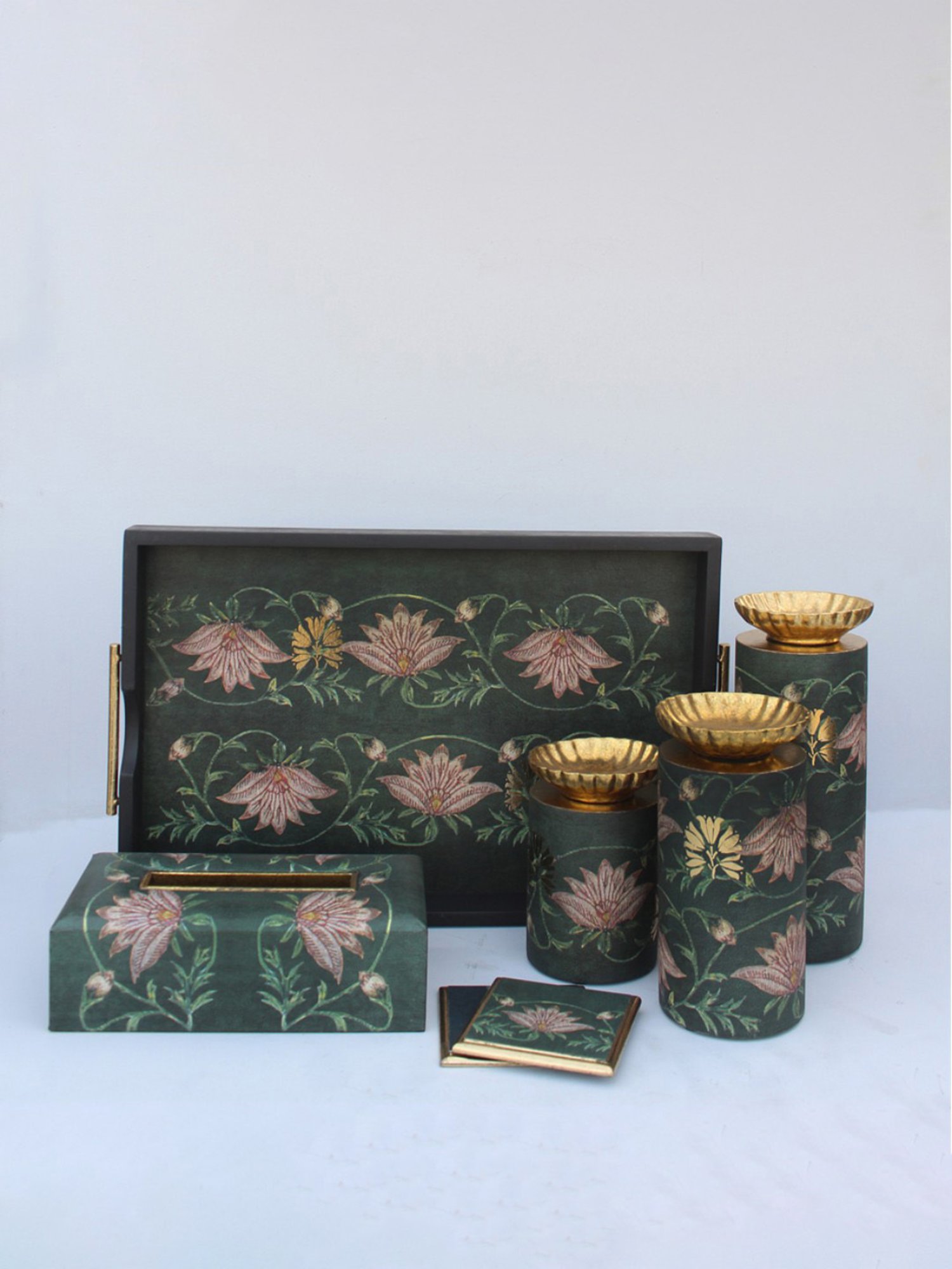 Karo Aafiya Printed Dark Green Wood Medium Pillar Candle Holder