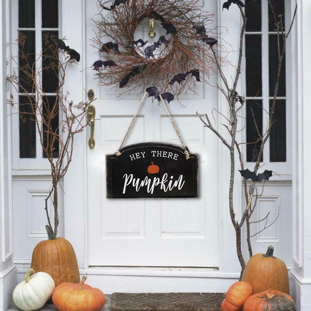 HEY THERE Pumpkin Autumn SIGN Wall Door Hanger Plaque Board for Halloween Decor