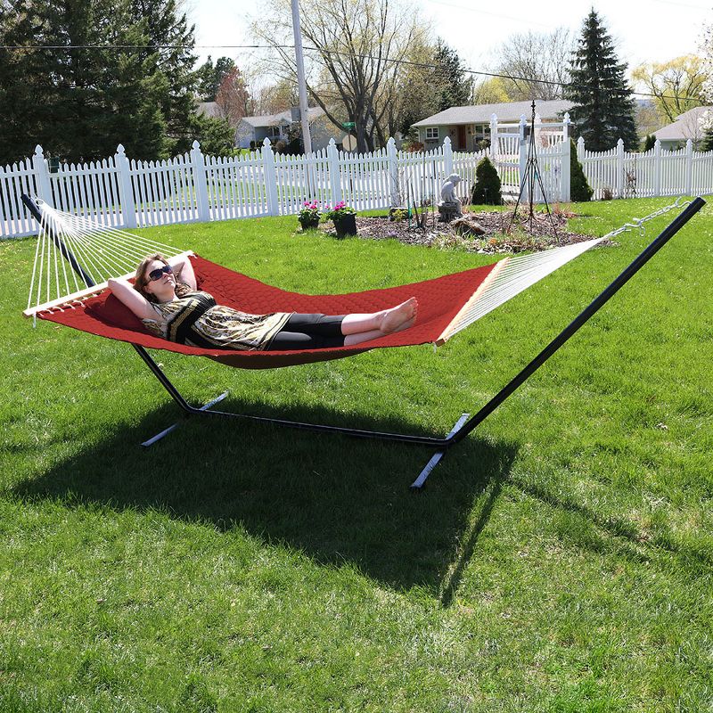 Sunnydaze 2-Person Quilted Double Hammock with Spreader Bars with Freestanding Stand - 400 lb Weight Capacity/12' Stand - Red