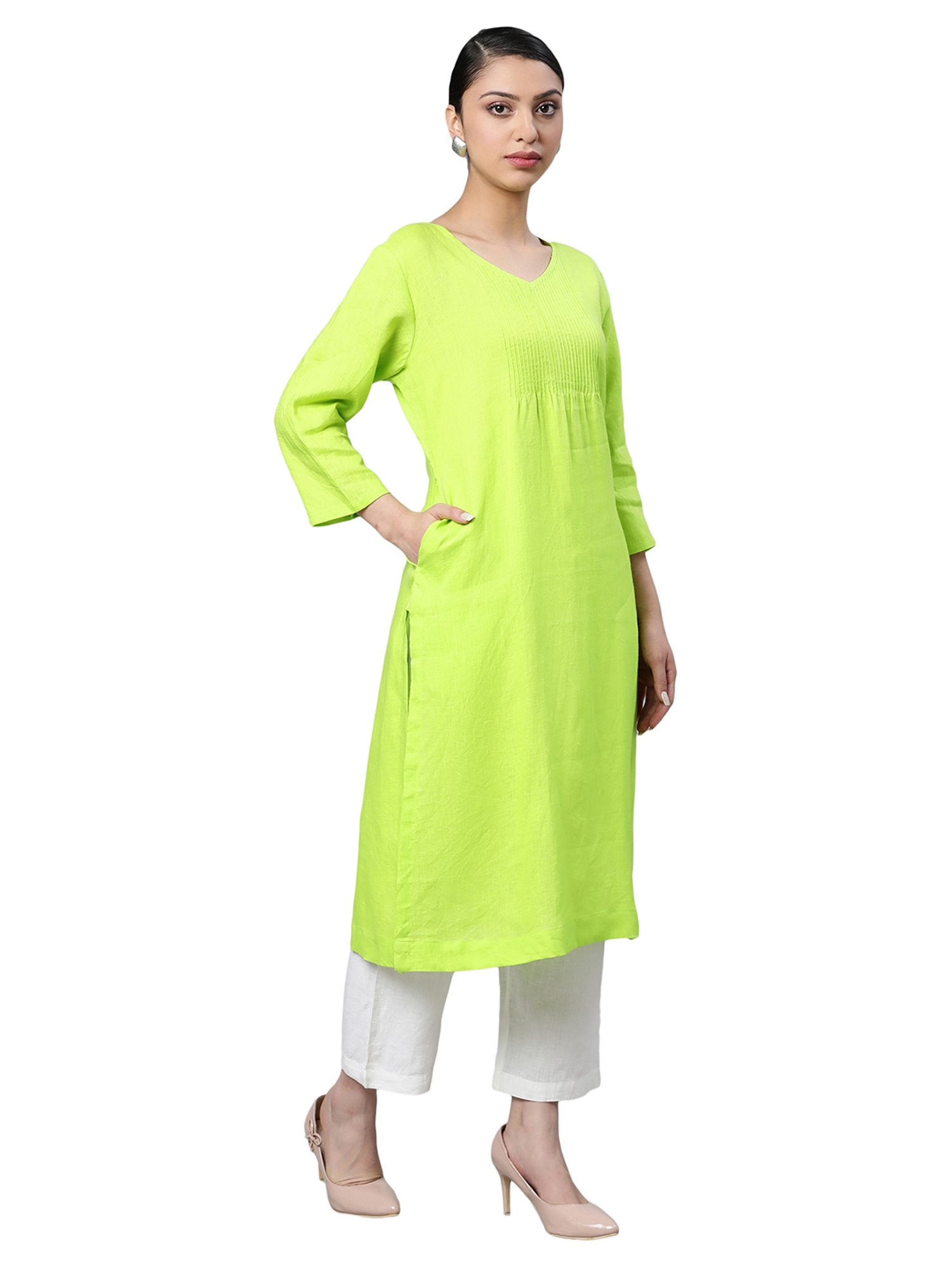 Linen Club Woman Lime Green A Line Kurta