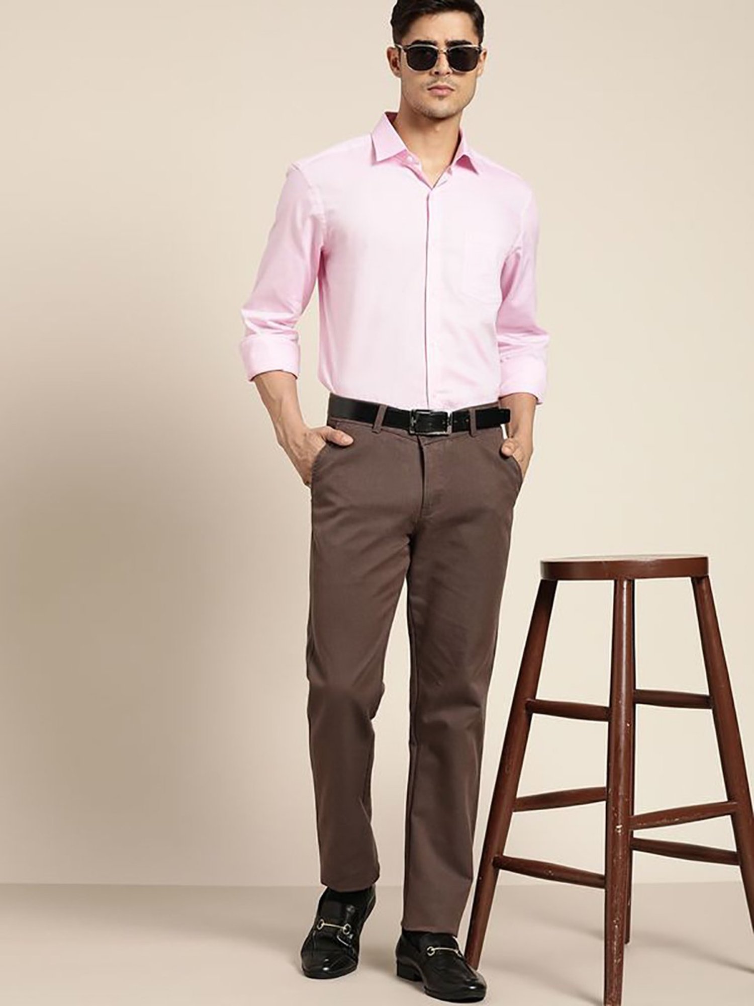 Hancock Brown Cotton Slim Fit Solid Trousers