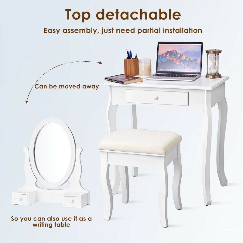 Costway White Vanity Table Jewelry Makeup Desk Bench Dresser Stool 3 Drawers